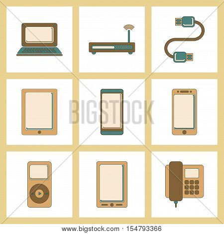 assembly of flat icon Wi fi modem mobile phone gadget usb cable music player laptop