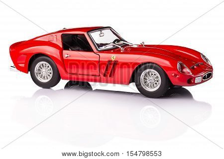 KRIVOY ROG, UKRAINE - OCT 29 - Toy Ferrari 250 GTO on background. Photo made in the studio, Saturday 29 October 2016