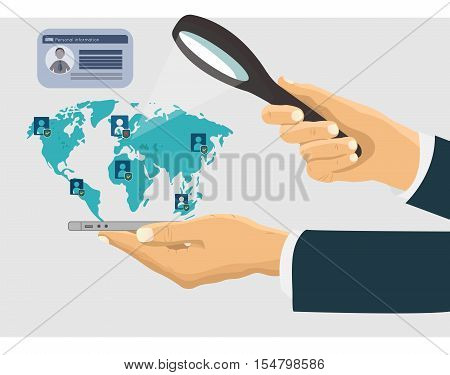 Hand with a mobile device magnifying glass search network concept illustration. Search hands with mobile phone and magnifying glass worldwide mobile. Vector illustration in flat design.