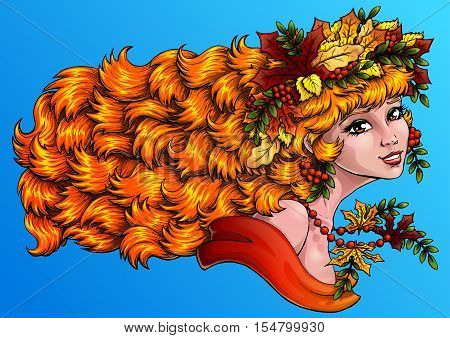 The lovely red girl with a wreath from leaves and berries of a mountain ash on blue background. Concept of autumn mood. Vector illustration. Horizontally, banner.