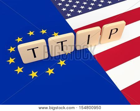 Letter Tiles: TTIP between the USA and the European Union with US And EU Flag 3d illustration
