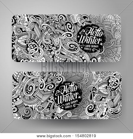 Cartoon cute line artvector hand drawn doodles winter season corporate identity. 2 horizontal banners design. Templates set