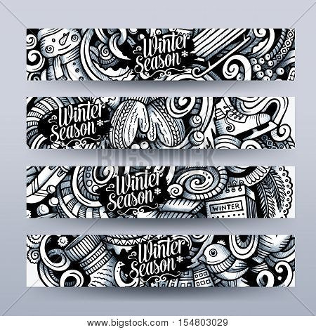 Cartoon trace graphics line artvector hand drawn doodles winter season corporate identity. 2 horizontal banners design. Templates set