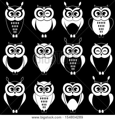 Set of cute black and white owls