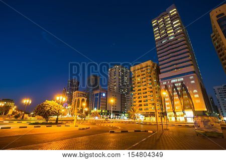 Skyscrapers in Sharjah city  the Lagoon UAE.
