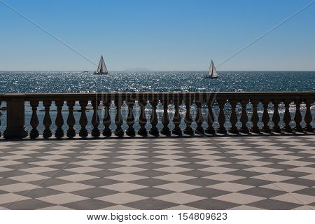 Livorno' s Mascagni Terrace and White Sailing Boats in Background Tuscany - Italy