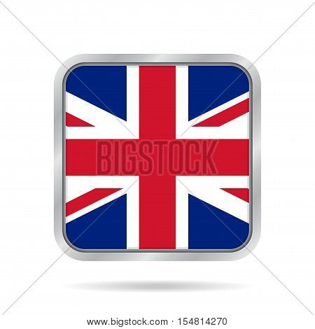 National flag of Great Britain. Shiny metallic gray square button with shadow.