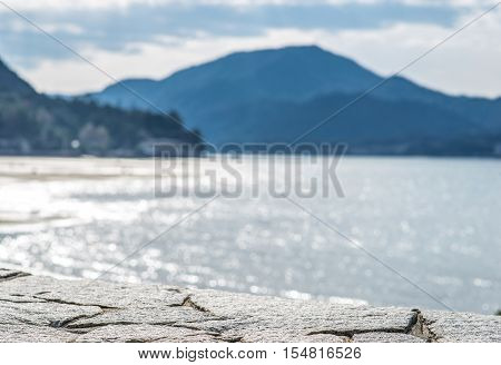 Selective focus. Itsukushima shrine Miyajima island Japan