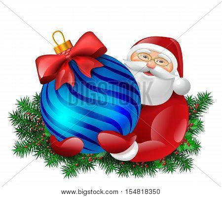 Santa Claus holding bauble ball gift with red bow. Evergreen around santa. Vector colorful isolated illustration