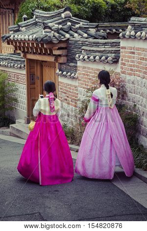 Seoul - South Korea - October 21, 2016 : A Couple Women Wander Through The Traditional Style Houses