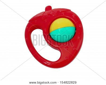 Baby rattles toys. Toy strawberry isolated on white background