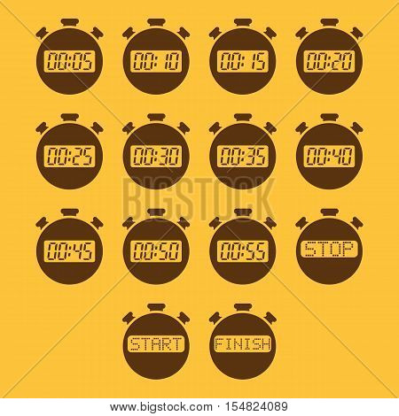 The stopwatch icon, set of 14 icons. Clock and watch, timer, countdown, stopwatch symbol. UI. Web. Logo. Sign. Flat design. App. Stock vector