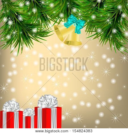 Golden Christmas and New Year Greeting card with Christmas tree snowflakes jingle bells and gifts