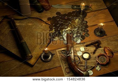 3D illustration of Pirate's accessories on a table
