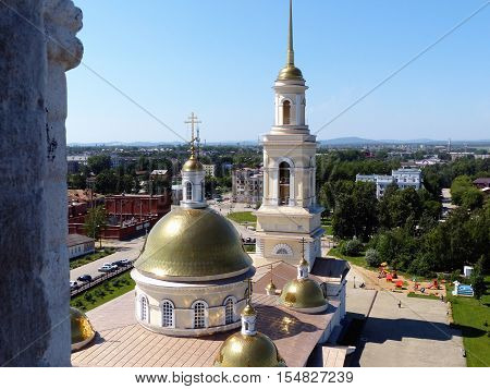 Russia orthodox architecture. Spaso-Preobrazhensky cathedral church and leaning belfry in Nevyansk, Sverdlovsk region