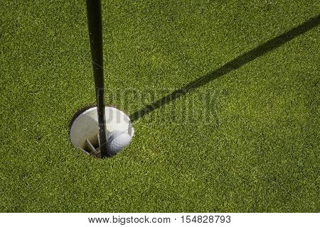 Golf ball lies inside a cup on a golf course. putting green with flag.