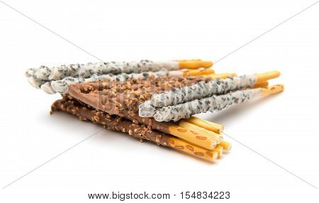 chocolate dipped biscuit sticks on white background