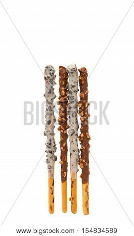 chocolate dipped biscuit sticks on white background