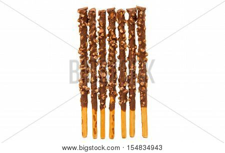 chocolate dipped biscuit sticks on white background