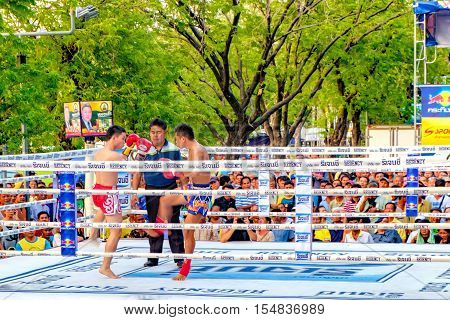 Bangkok, Thailand - December 4, 2015: Unidentified traditional Muay Lao boxer at a traditional tournament during the celebration of the King Rama 9 birthday at public square Sanam Luang.