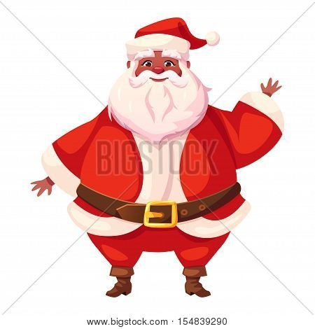Vector illustration of african american Santa Claus and waving his hand. Flat cartoon style colorful Christmas character design. Isolated funny man.