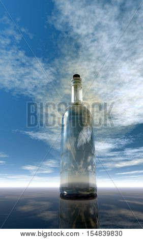 message in a bottle under cloudy sky - 3d illustration