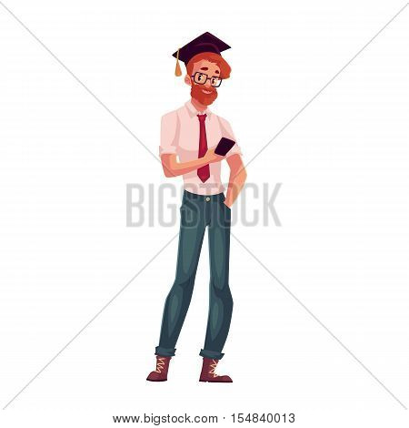 College, university student in glasses and graduation cap holding phone, cartoon style illustration isolated on white background. Male student in graduation cap, shirt and jeands playing with phone