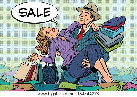 Retro man rescues a woman from sales and purchases, pop art vector. Holiday sales and Black Friday