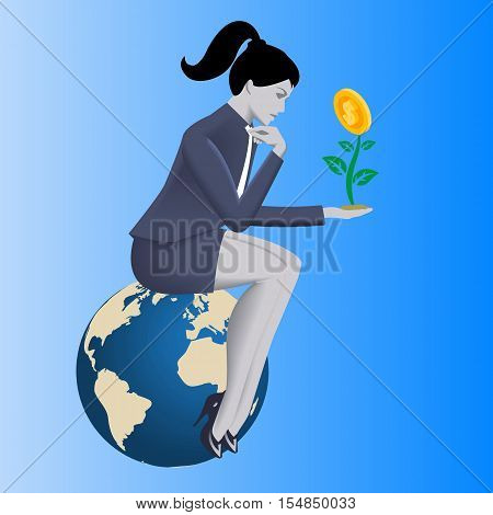 Growing profit business concept. Pensive business woman in business suit looks on growing plant with golden coin instead of flower in her hand. Vector illustration. Use as background or part of design