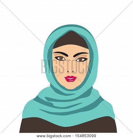 East people. Portrait of Muslim young beautiful woman dressed in blue hijab. Cartoon style. Traditional Islamic dress. Face isolated on white. Vector illustration