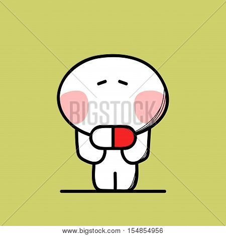 Cute ill man with the pill on the green background. Disease and medicine - cartoon vector illustration.