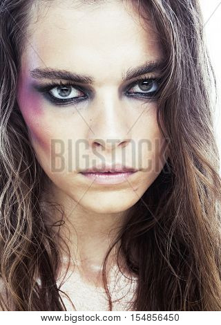 young beauty woman with makeup like shiner on face close up isolated white background real social issue concept