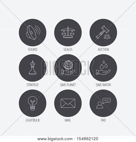 Strategy, auction and scales of justice icons. Save planet, water and lamp lightbulb linear signs. Faq and law hammer flat line icons. Linear icons in circle buttons. Flat web symbols. Vector