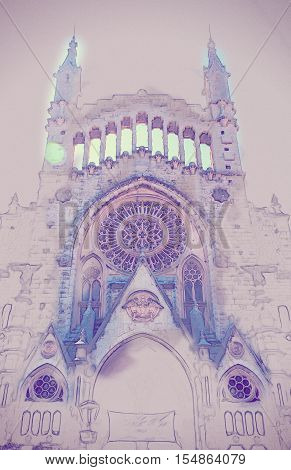 The church of Sant Bartomeu, Saint Bartholomew, in Soller, Majorca, Spain. Beautiful gothic cathedral in Spain. Vintage painting, background illustration, beautiful picture, travel texture