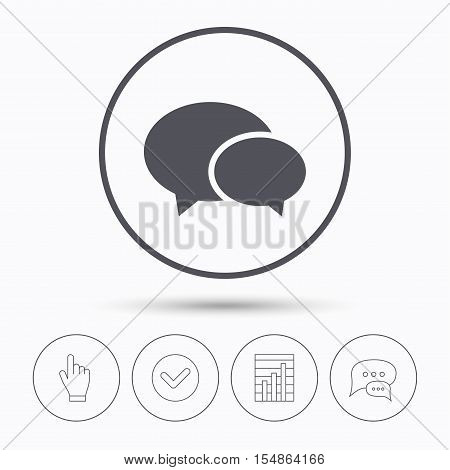 Chat icon. Speech bubble symbol. Chat speech bubbles. Check tick, report chart and hand click. Linear icons. Vector