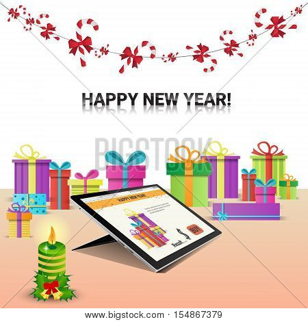 Decorated Workplace Tablet Computer Happy New Year Internet Christmas Sale Decoration Flat Vector Illustration