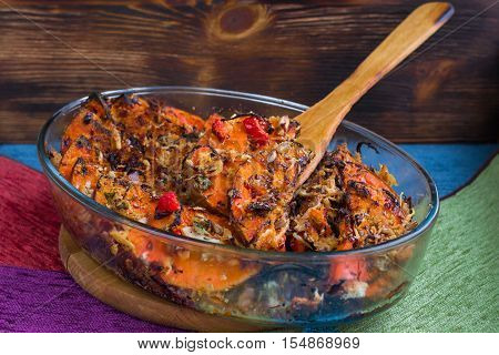 Vegan Baked Dish In Glass Pan, Pumkin, Vegetables, Herbs, Cheese