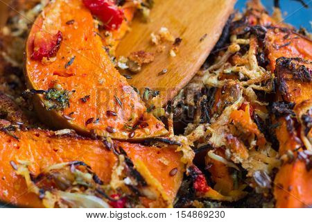 Vegetarian Baked Dish Close-up With Pumkin, Vegetables, Herbs, Cheese