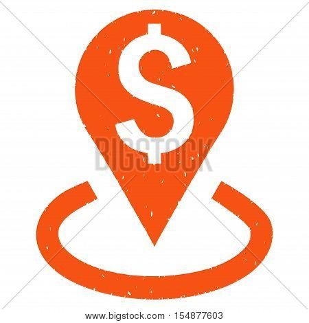 Bank Location grainy textured icon for overlay watermark stamps. Flat symbol with dust texture. Dotted vector orange ink rubber seal stamp with grunge design on a white background.