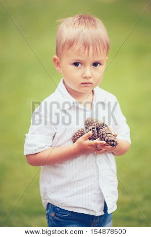 Portrait of cute adorable little boy holding a bunch of pine cones on green blurry background toned with filters retro vintage film effect selective focus shallow depth of field