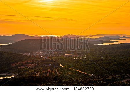 Island of Murter and Adriatic archipelago yellow sunset aerial view Dalmatia Croatia