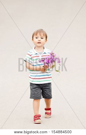 Portrait of a cute adorable funny little smiling boy toddler walking in park with lilac purple pink flowers in hands on bright summer day mothers day holiday concept