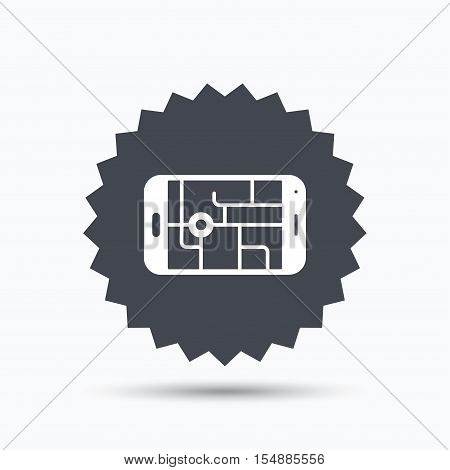 Gps street navigation icon. Smartphone device symbol. Pokemon egg concept. Gray star button with flat web icon. Vector