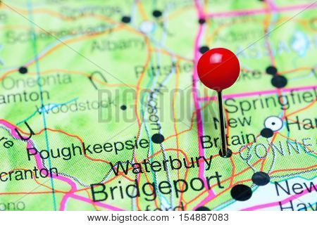 Waterbury pinned on a map of Connecticut, USA