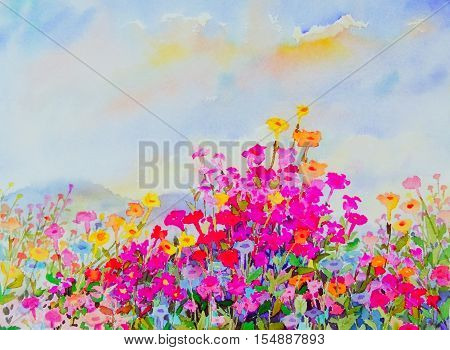 Abstract watercolor original painting purplepink color of colorful flowers and green leaves of blue color background.