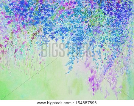 Abstract watercolor original painting purplepink color of colorful flowers and green leaves of blue color background.