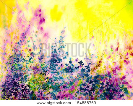 Abstract watercolor original painting purplepink color of colorful flowers and green leaves of blue color background.