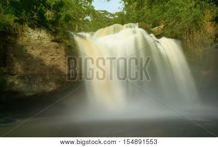 A big waterfall in afternoon sunlight. Haew Suwat waterfall, a large waterfall at Khao Yai National Park, Thailand.