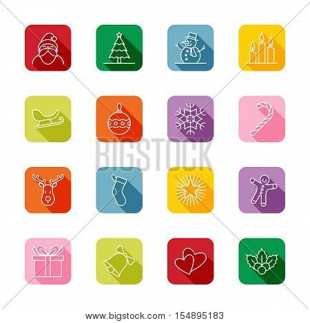 Christmas and new year icon set vector illustration - white outline on colorful rounded rectangle with long shadow