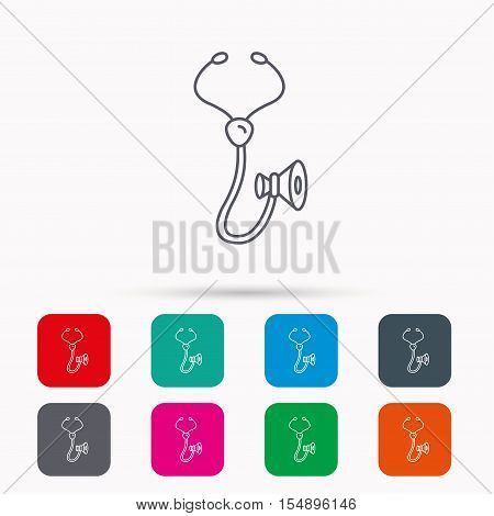 Stethoscope icon. Medical doctor equipment sign. Pulmology symbol. Linear icons in squares on white background. Flat web symbols. Vector